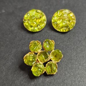 Vtg 1970s Swoboda Peridot Clip On Earring Brooch Set Gold Tone Brutalist Jewelry